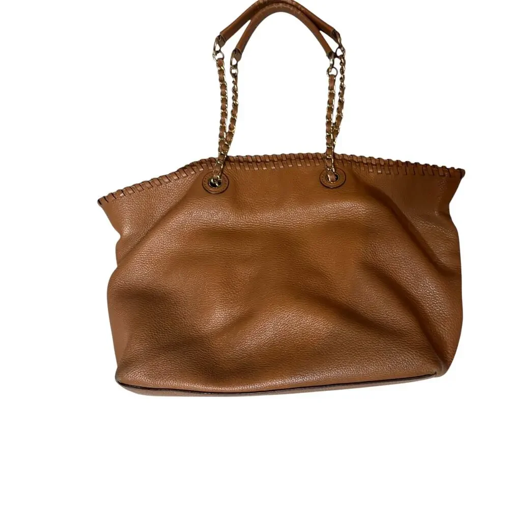 Tory Burch Brown Pebbled Leather Chain Strap Tote Bag Whipstitch Logo Purse